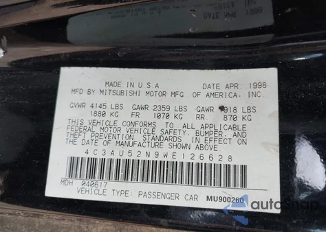 1998 Chrysler Sebring Lxi z USA, uszkodzony, nr VIN 4C3AU52N9WE126628